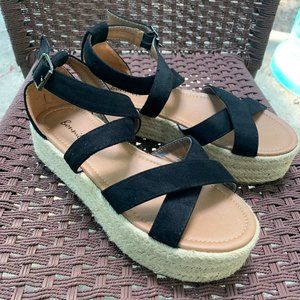Black Suede Espadrille Strappy Wedge Sandals Size 8 1/2
